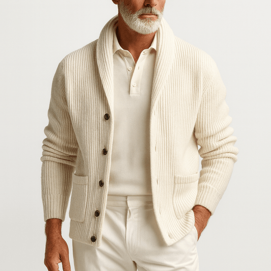 Men's Elegant Beige Shawl Collar Knit Cardigan